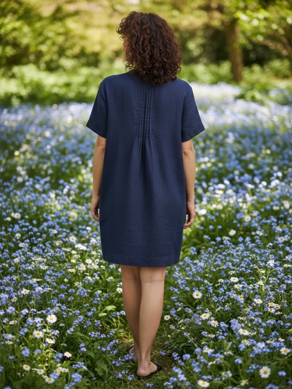 QUINCE 100% EUROPEAN LINEN SHORT SLEEVE MINI SWING DRESS SZ L IN DEEP NAVY - Picture 2 of 8